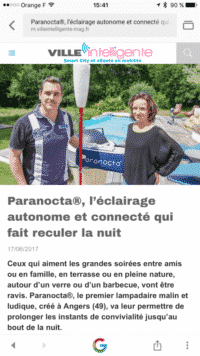 Article du 20170617 Ville intelligente Y SOURISSEAU à propos de Paranocta eclairage autonome et connecté qui fairt reculer la nuit